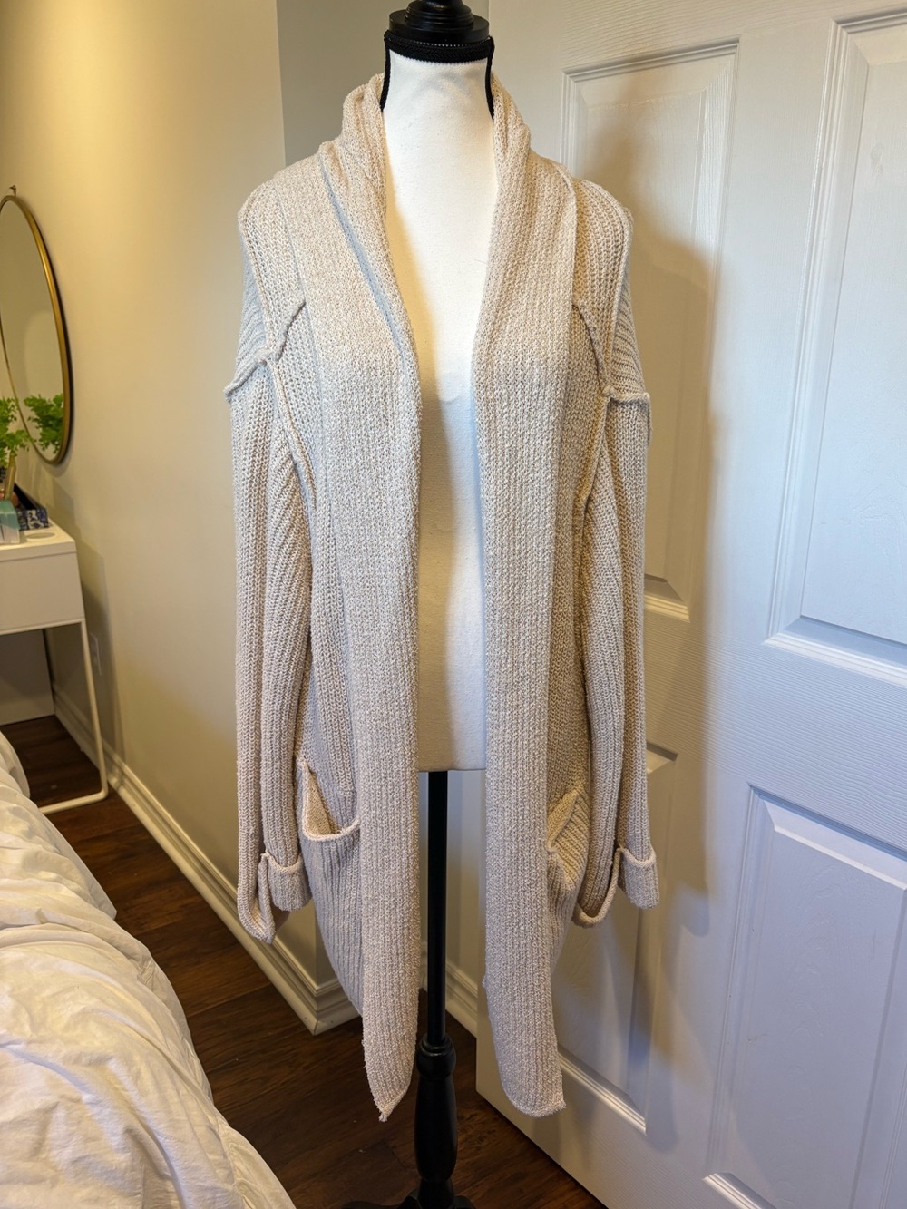 Free People Oversized Cream Cardigan Cozy Chunky Knit Open Front Sweater Size S